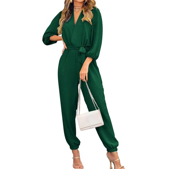 PRETTYGARDEN Pants - NEW Green V Neck Pockets Long Sleeve Belted Jumpsuit XL